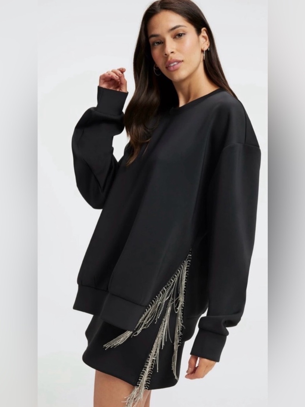 NWOT Good American Scuba Crystal Fringe Side Slit Crew Sweatshirt Size 5 (2XL)
